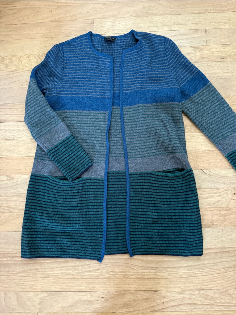 Talbots Medium Petite Blue Green Striped Open Front Merino Wool Cardigan Sweater